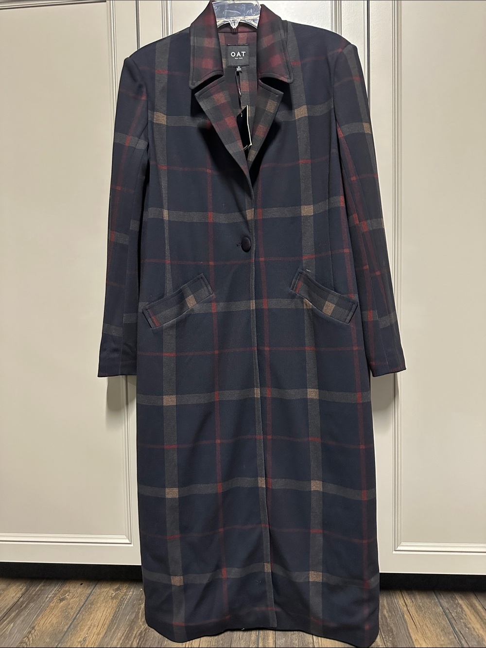 Oat New York Navy Plaid Long knitTrench Coat with Burgundy and Taupe Windowpane